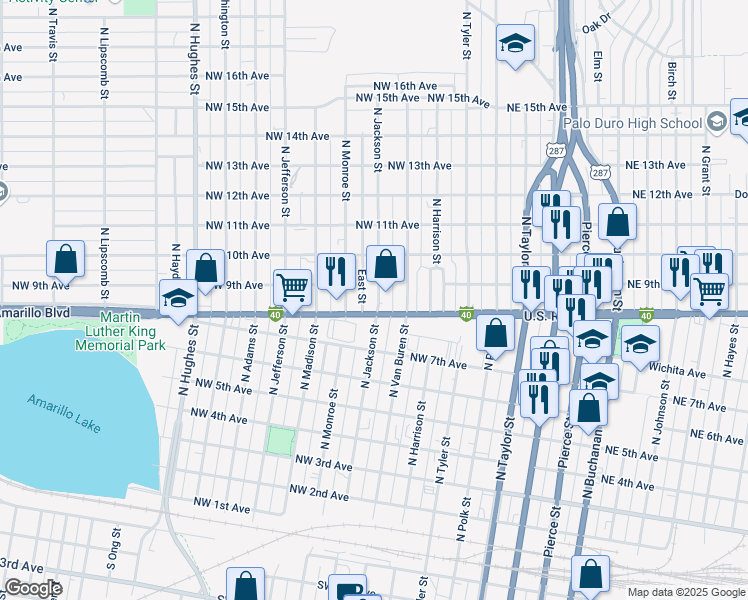 map of restaurants, bars, coffee shops, grocery stores, and more near 500 West Amarillo Boulevard in Amarillo