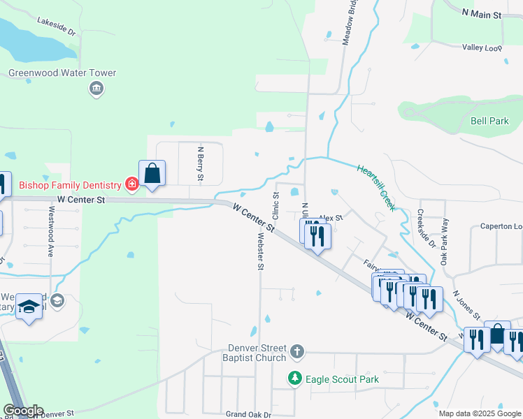 map of restaurants, bars, coffee shops, grocery stores, and more near 1570 West Center Street in Greenwood