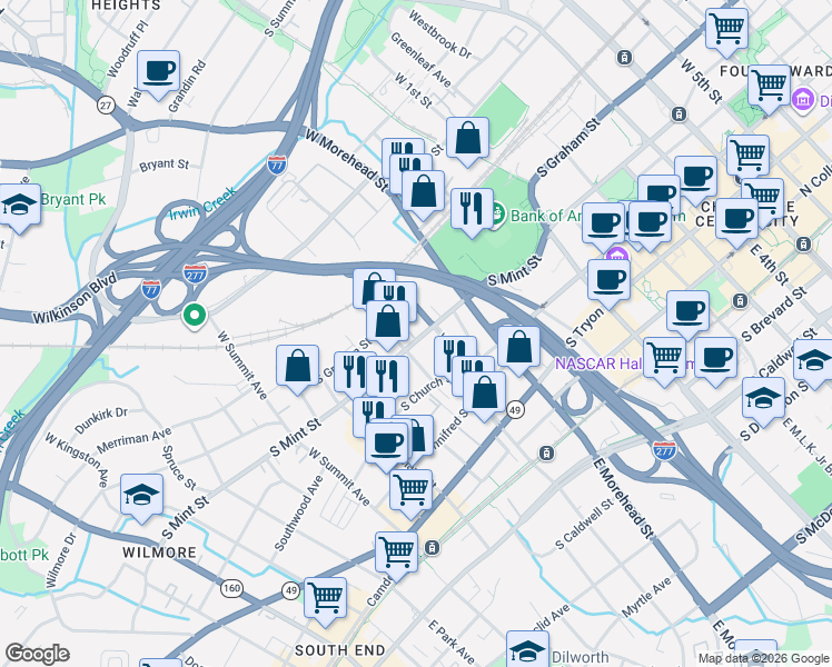 map of restaurants, bars, coffee shops, grocery stores, and more near in Charlotte