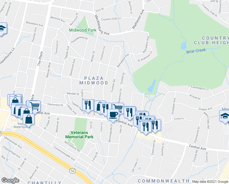 map of restaurants, bars, coffee shops, grocery stores, and more near 1808 Truman Road in Charlotte