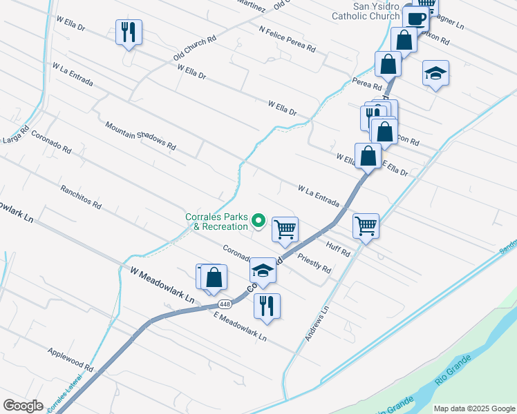 map of restaurants, bars, coffee shops, grocery stores, and more near 4153 Corrales Road in Corrales