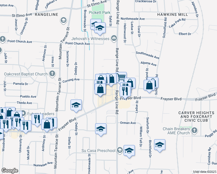 map of restaurants, bars, coffee shops, grocery stores, and more near 2632 Frayser Boulevard in Memphis