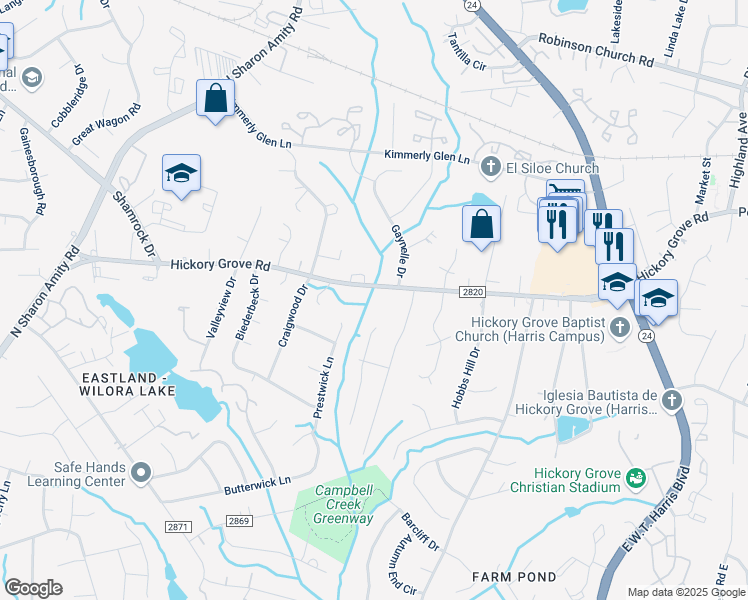 map of restaurants, bars, coffee shops, grocery stores, and more near 5508 Hickory Grove Road in Charlotte