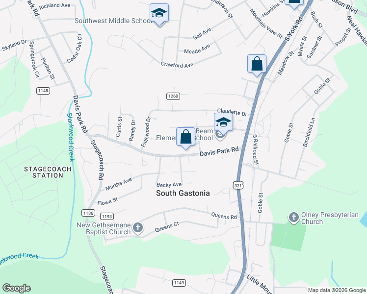 map of restaurants, bars, coffee shops, grocery stores, and more near 3013 Oakwood Drive in Gastonia