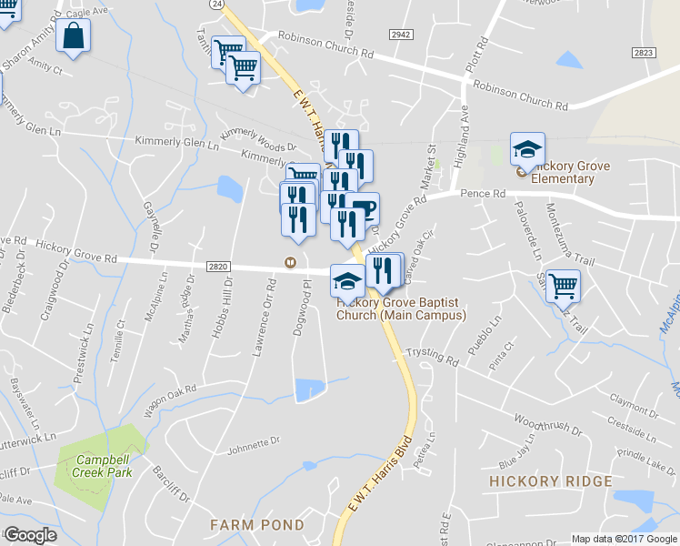 map of restaurants, bars, coffee shops, grocery stores, and more near 6050 Hickory Grove Rd in Charlotte