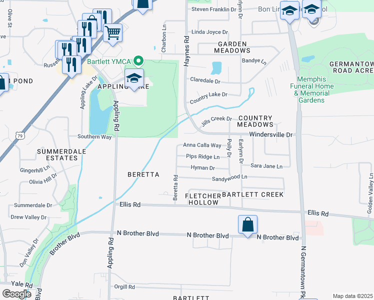 map of restaurants, bars, coffee shops, grocery stores, and more near 7835 Anna Calla Way in Memphis