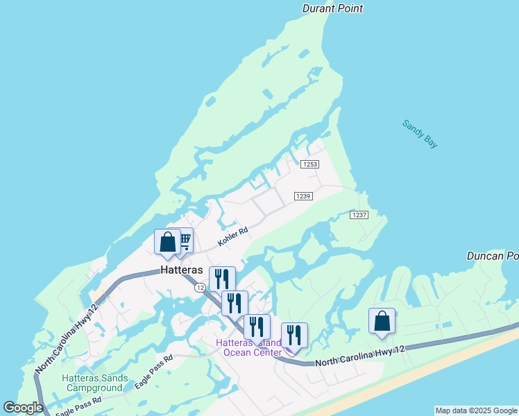 map of restaurants, bars, coffee shops, grocery stores, and more near Stowe Landing Road in Hatteras