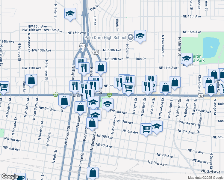 map of restaurants, bars, coffee shops, grocery stores, and more near 600-698 Northeast 9th Avenue in Amarillo