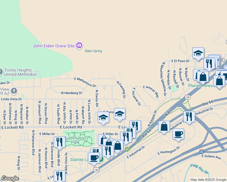 map of restaurants, bars, coffee shops, grocery stores, and more near 3231 East Matterhorn Drive in Flagstaff