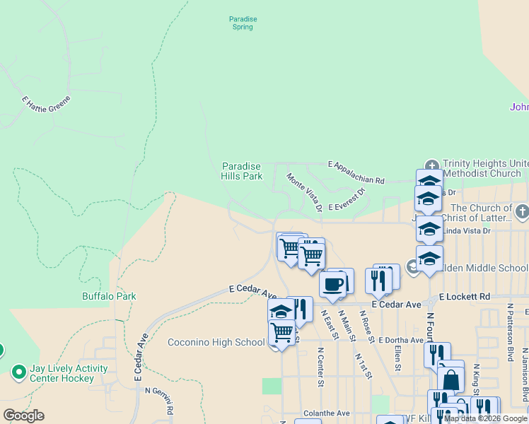 map of restaurants, bars, coffee shops, grocery stores, and more near 3710 North Paradise Road in Flagstaff