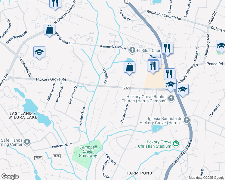 map of restaurants, bars, coffee shops, grocery stores, and more near 4536 Marthas Ridge Drive in Charlotte
