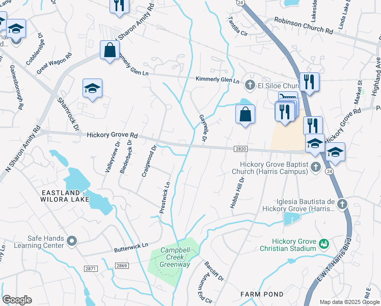 map of restaurants, bars, coffee shops, grocery stores, and more near 5508 Hickory Grove Road in Charlotte
