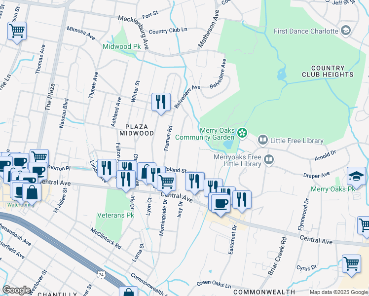 map of restaurants, bars, coffee shops, grocery stores, and more near 1908 Dearmon Drive in Charlotte