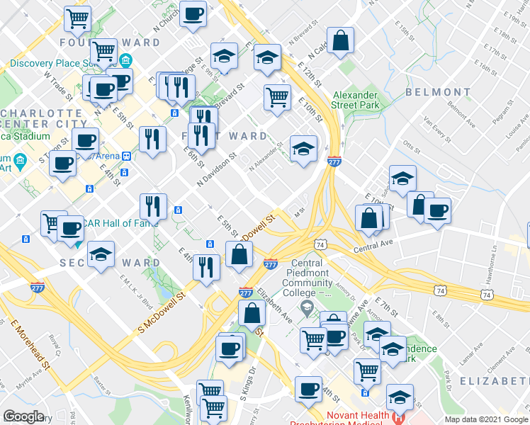map of restaurants, bars, coffee shops, grocery stores, and more near 110 East 7th Street in Charlotte
