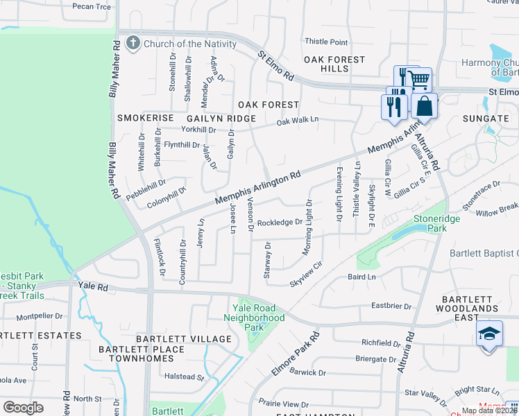 map of restaurants, bars, coffee shops, grocery stores, and more near 6212 Ledgewood Lane in Bartlett