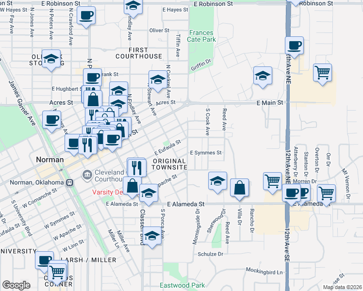 map of restaurants, bars, coffee shops, grocery stores, and more near 728 East Eufaula Street in Norman
