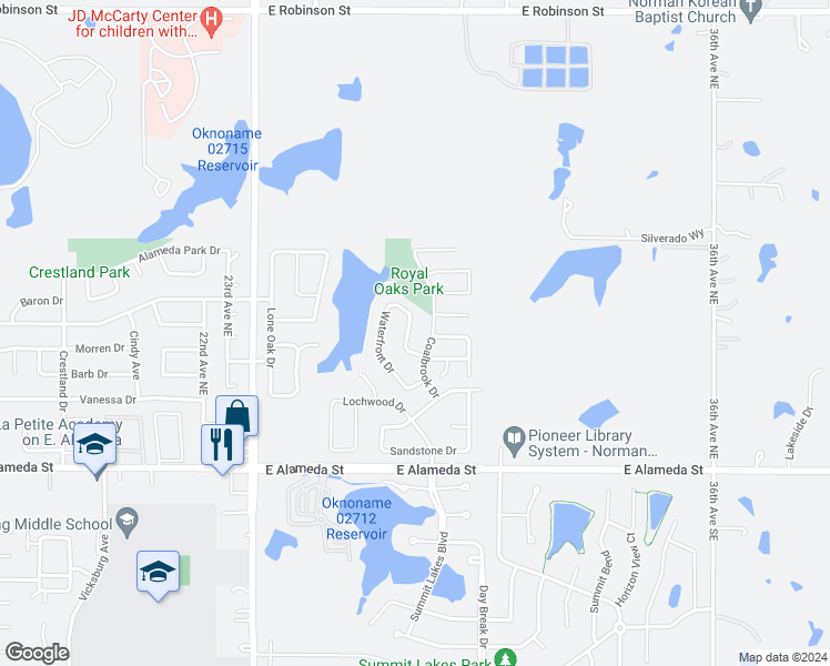 map of restaurants, bars, coffee shops, grocery stores, and more near 437 Waterfront Drive in Norman