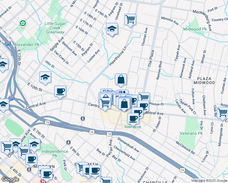 map of restaurants, bars, coffee shops, grocery stores, and more near 1216 Clement Avenue in Charlotte