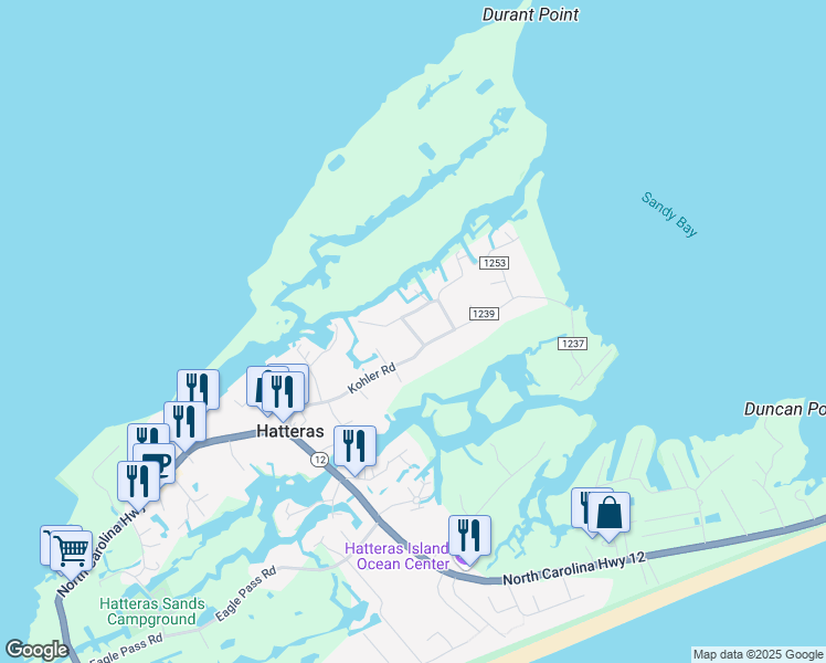 map of restaurants, bars, coffee shops, grocery stores, and more near Stowe Landing Road in Hatteras