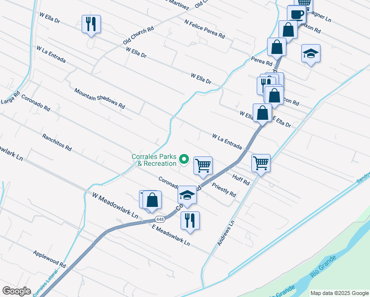 map of restaurants, bars, coffee shops, grocery stores, and more near 4153 Corrales Road in Corrales