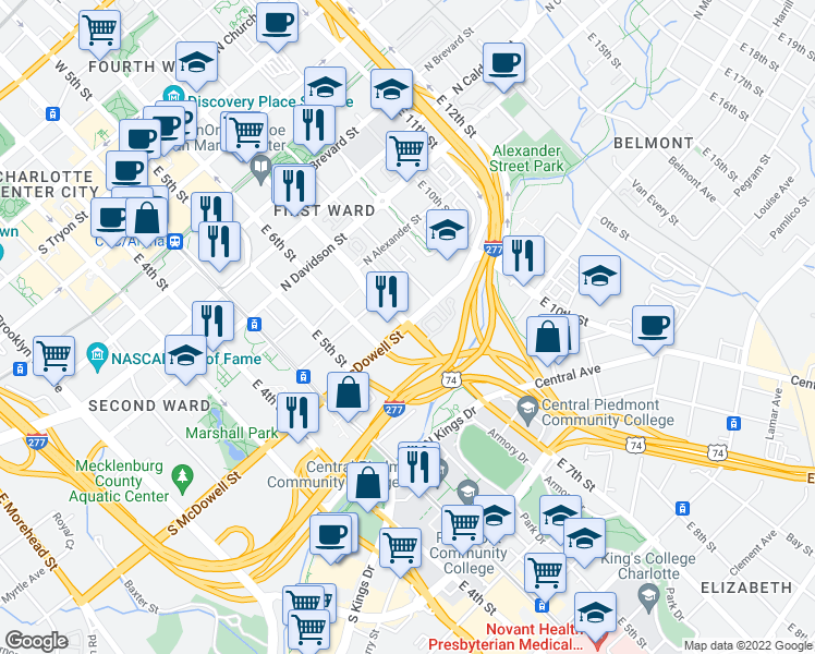 map of restaurants, bars, coffee shops, grocery stores, and more near N McDowell St & E 7th St in Charlotte