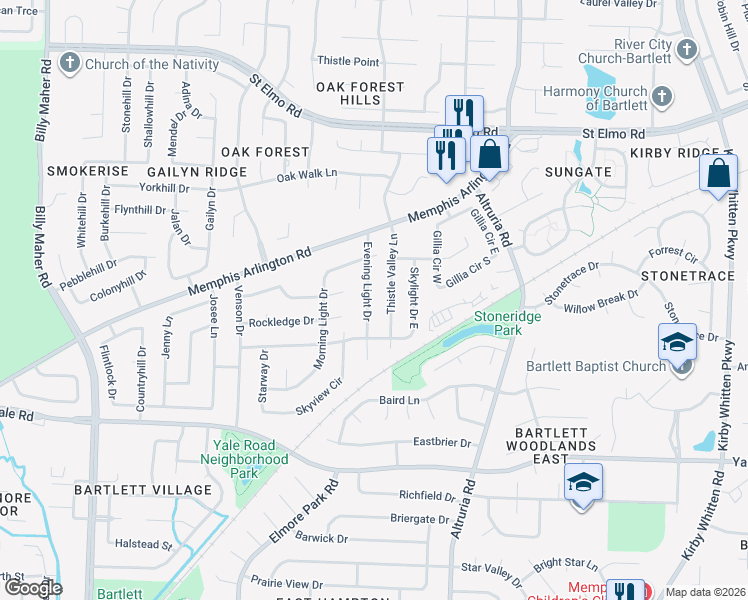 map of restaurants, bars, coffee shops, grocery stores, and more near 3548 Evening Light Drive in Bartlett