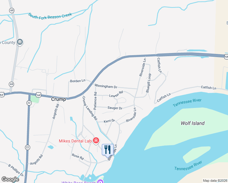 map of restaurants, bars, coffee shops, grocery stores, and more near 155 Lewter Road in Crump
