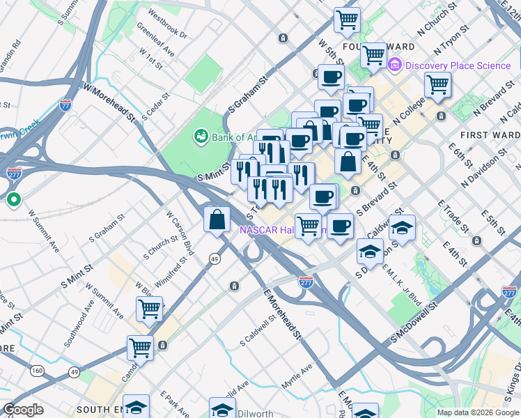 map of restaurants, bars, coffee shops, grocery stores, and more near 601 South Tryon Street in Charlotte