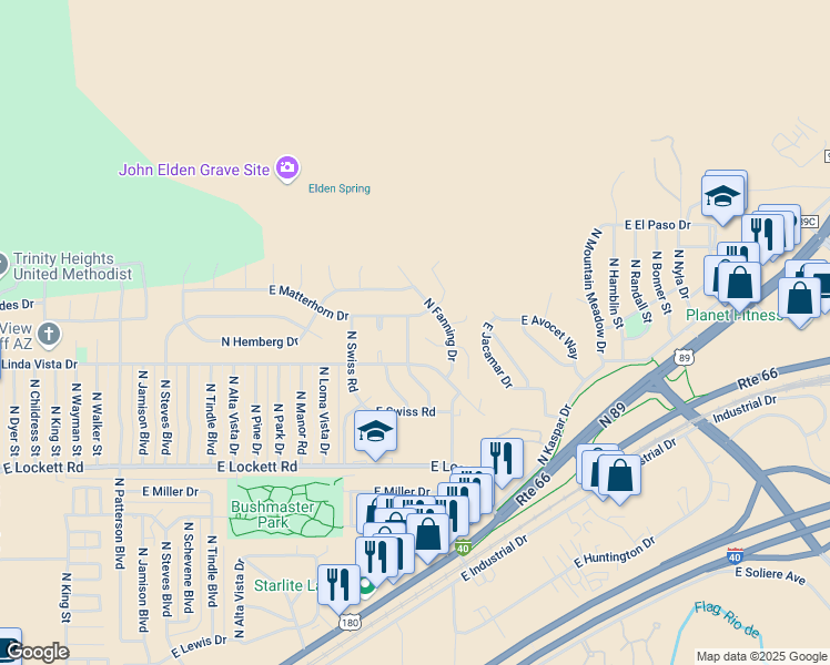 map of restaurants, bars, coffee shops, grocery stores, and more near 3231 East Matterhorn Drive in Flagstaff