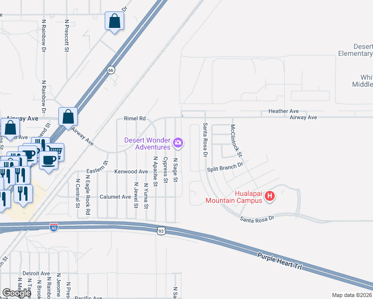 map of restaurants, bars, coffee shops, grocery stores, and more near 3428 North Sage Street in Kingman