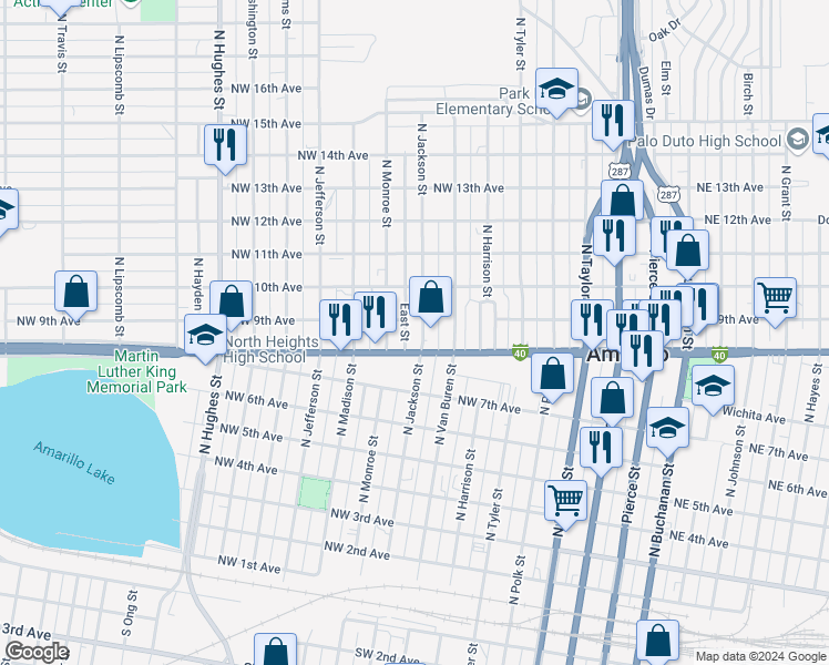 map of restaurants, bars, coffee shops, grocery stores, and more near 500 West Amarillo Boulevard in Amarillo
