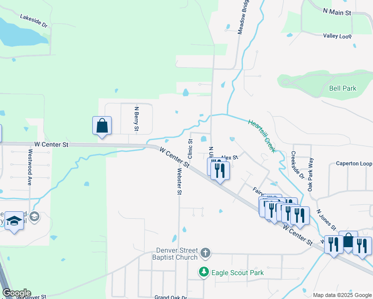 map of restaurants, bars, coffee shops, grocery stores, and more near 1570 West Center Street in Greenwood