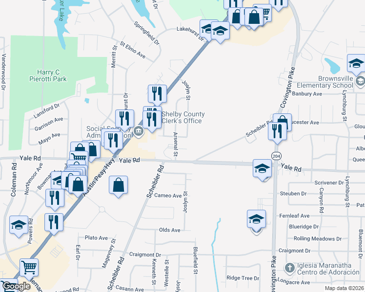 map of restaurants, bars, coffee shops, grocery stores, and more near 4830 Arsenal Cove in Memphis