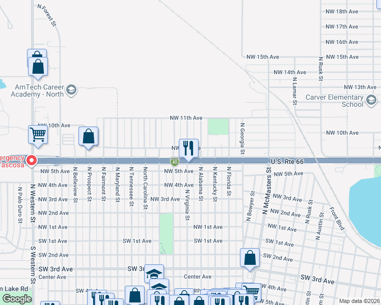 map of restaurants, bars, coffee shops, grocery stores, and more near 900 North Virginia Street in Amarillo