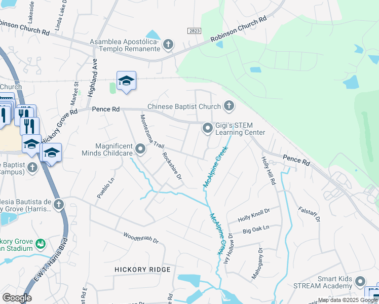 map of restaurants, bars, coffee shops, grocery stores, and more near 6606 Heatherwood Lane in Charlotte