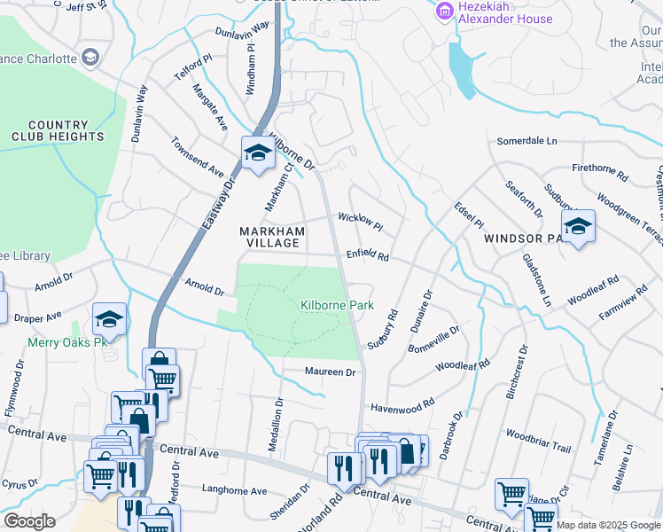 map of restaurants, bars, coffee shops, grocery stores, and more near 2400 Kilborne Drive in Charlotte