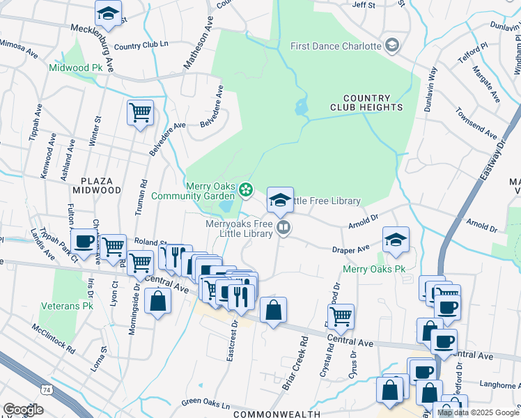 map of restaurants, bars, coffee shops, grocery stores, and more near 3027 Harbinger Court in Charlotte