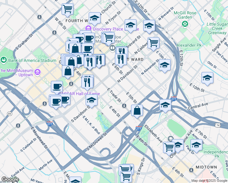 map of restaurants, bars, coffee shops, grocery stores, and more near in Charlotte