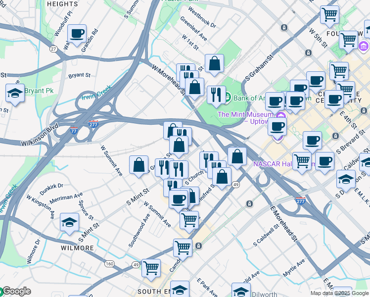 map of restaurants, bars, coffee shops, grocery stores, and more near in Charlotte