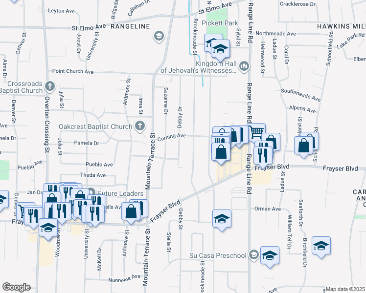 map of restaurants, bars, coffee shops, grocery stores, and more near 3558 Debby Drive in Memphis