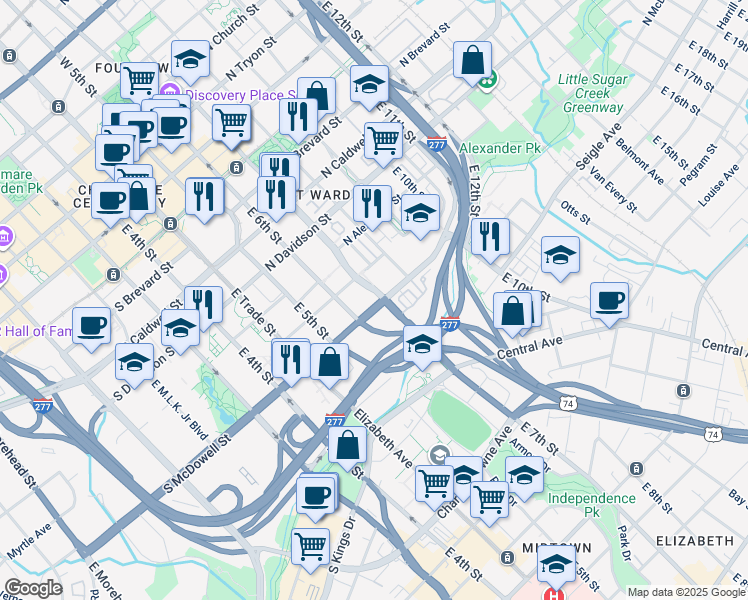 map of restaurants, bars, coffee shops, grocery stores, and more near 110 East 7th Street in Charlotte