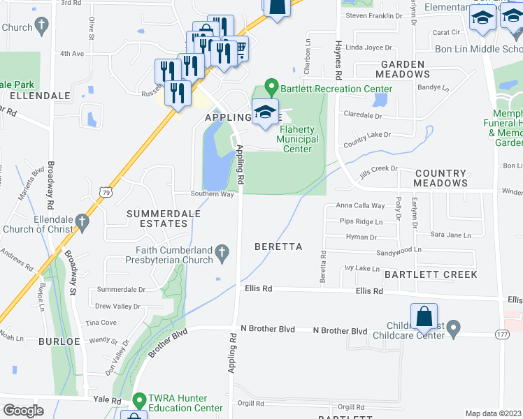 map of restaurants, bars, coffee shops, grocery stores, and more near 3568 Appling Road in Memphis