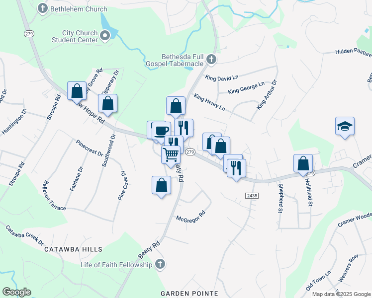 map of restaurants, bars, coffee shops, grocery stores, and more near 3721 South New Hope Road in Gastonia