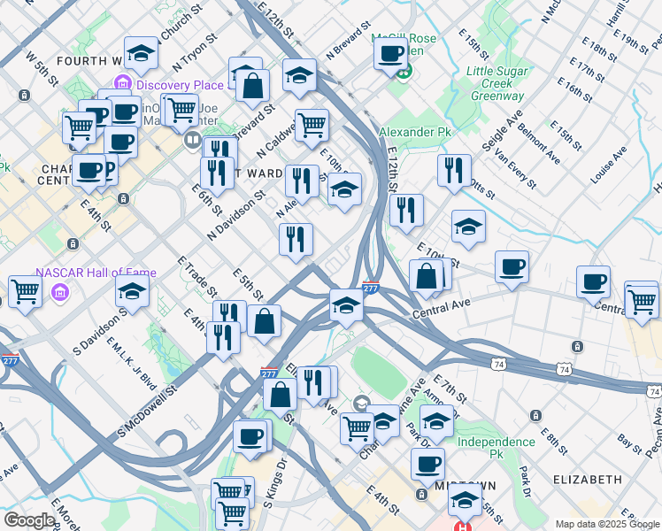 map of restaurants, bars, coffee shops, grocery stores, and more near 435 M Street in Charlotte