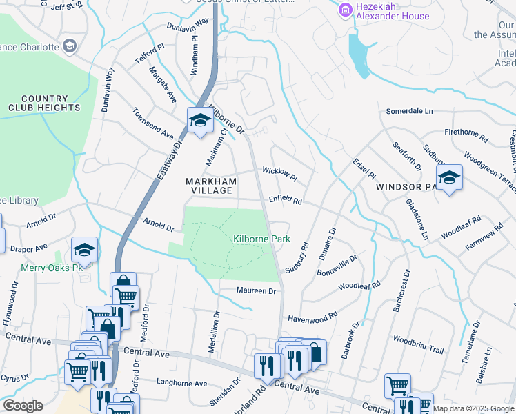 map of restaurants, bars, coffee shops, grocery stores, and more near 2400 Kilborne Drive in Charlotte