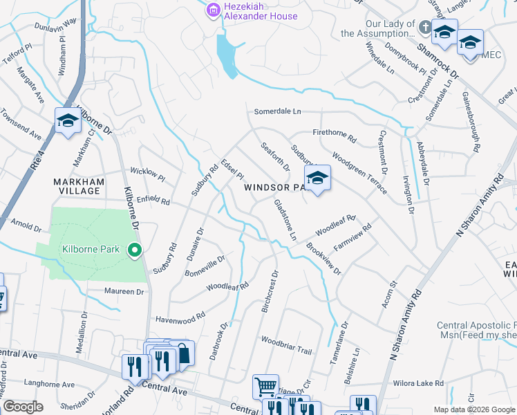 map of restaurants, bars, coffee shops, grocery stores, and more near 4127 Seaforth Drive in Charlotte