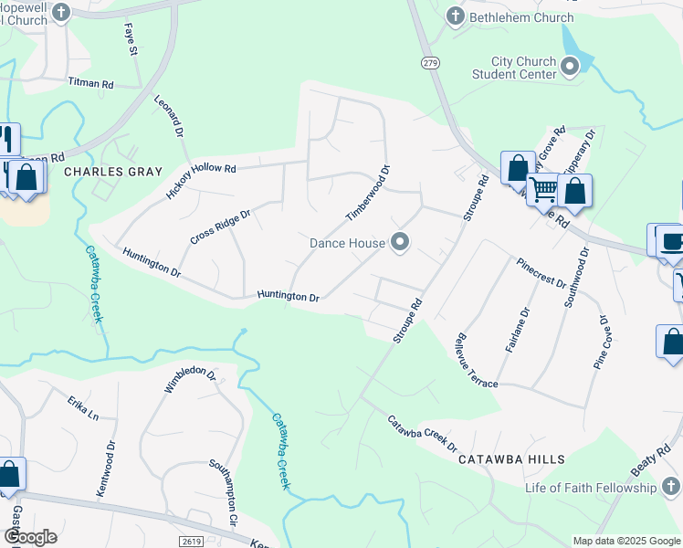 map of restaurants, bars, coffee shops, grocery stores, and more near 4455 Huntington Drive in Gastonia