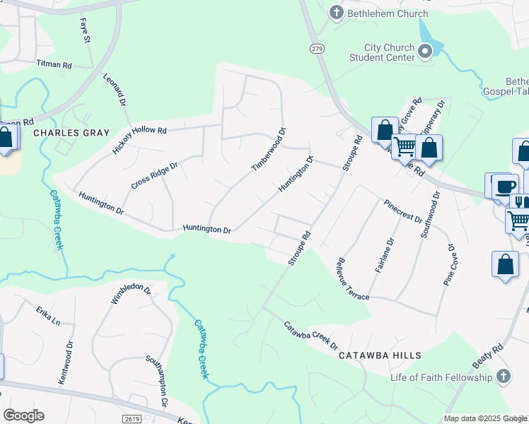 map of restaurants, bars, coffee shops, grocery stores, and more near 4448 Huntington Drive in Gastonia