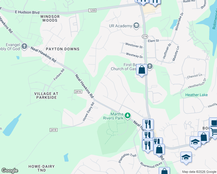 map of restaurants, bars, coffee shops, grocery stores, and more near 1317 Morrocroft Trail in Gastonia