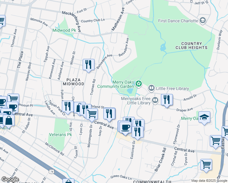 map of restaurants, bars, coffee shops, grocery stores, and more near 1940 Dearmon Drive in Charlotte